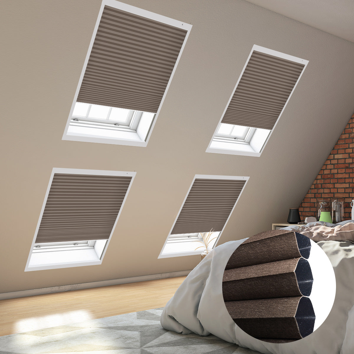 Cozy bedroom with skylights covered by blinds, showcasing a comfortable bed adorned with soft pillows.