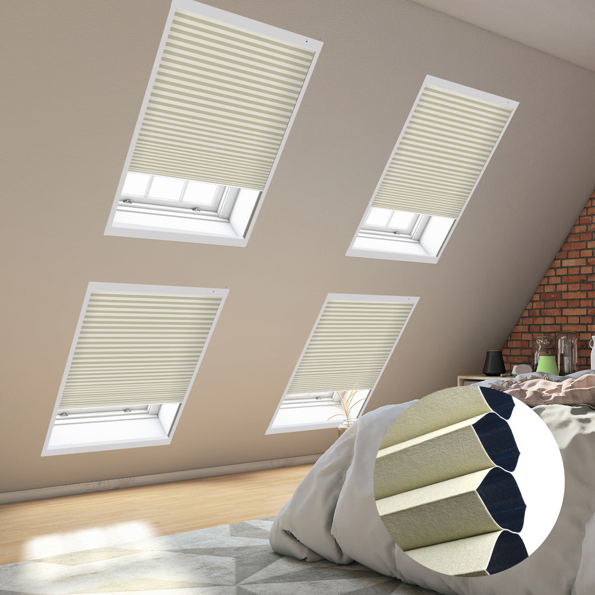 Cozy bedroom with skylights covered by blinds, showcasing a comfortable bed adorned with soft pillows.