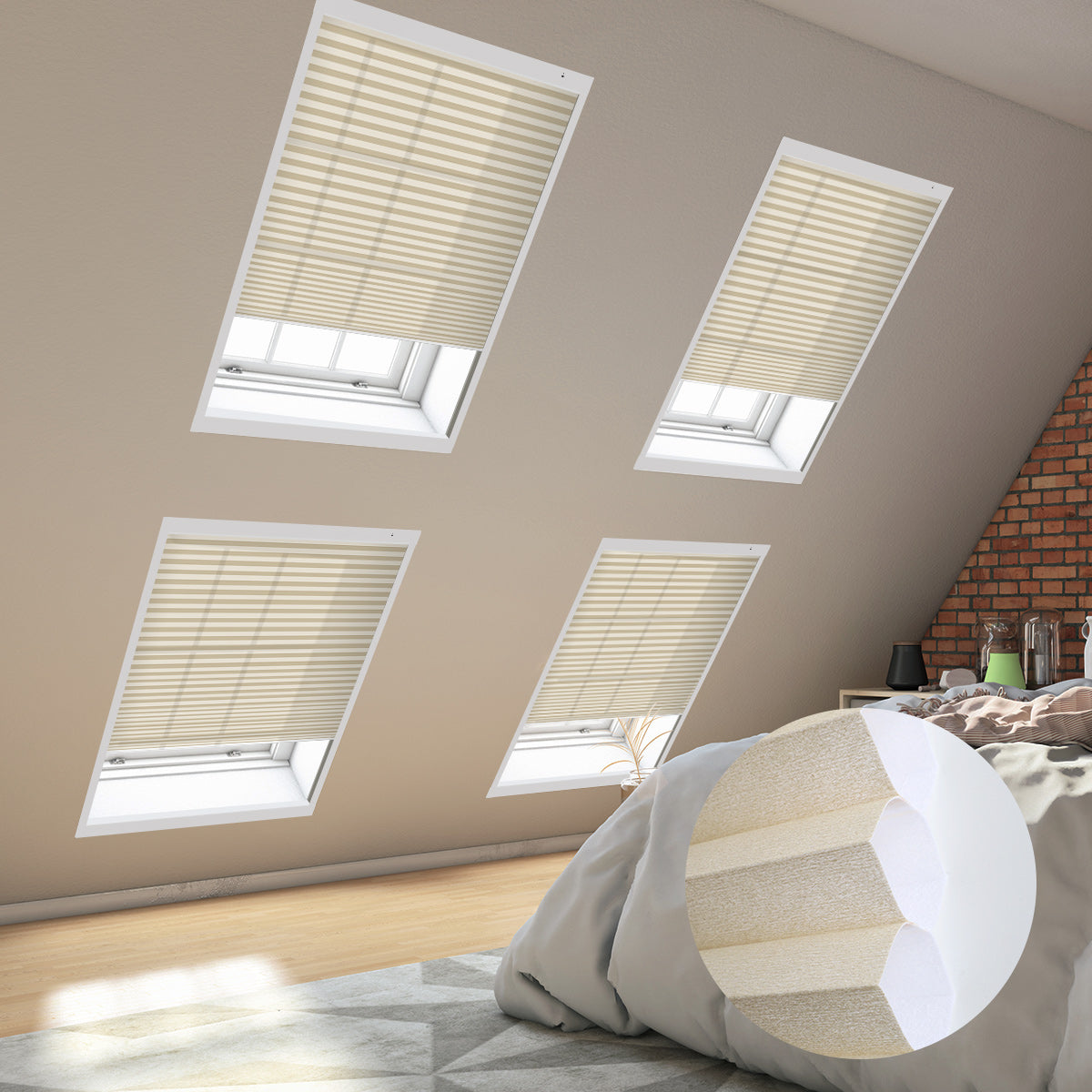 Cozy bedroom with skylights covered by blinds, showcasing a comfortable bed adorned with soft pillows.
