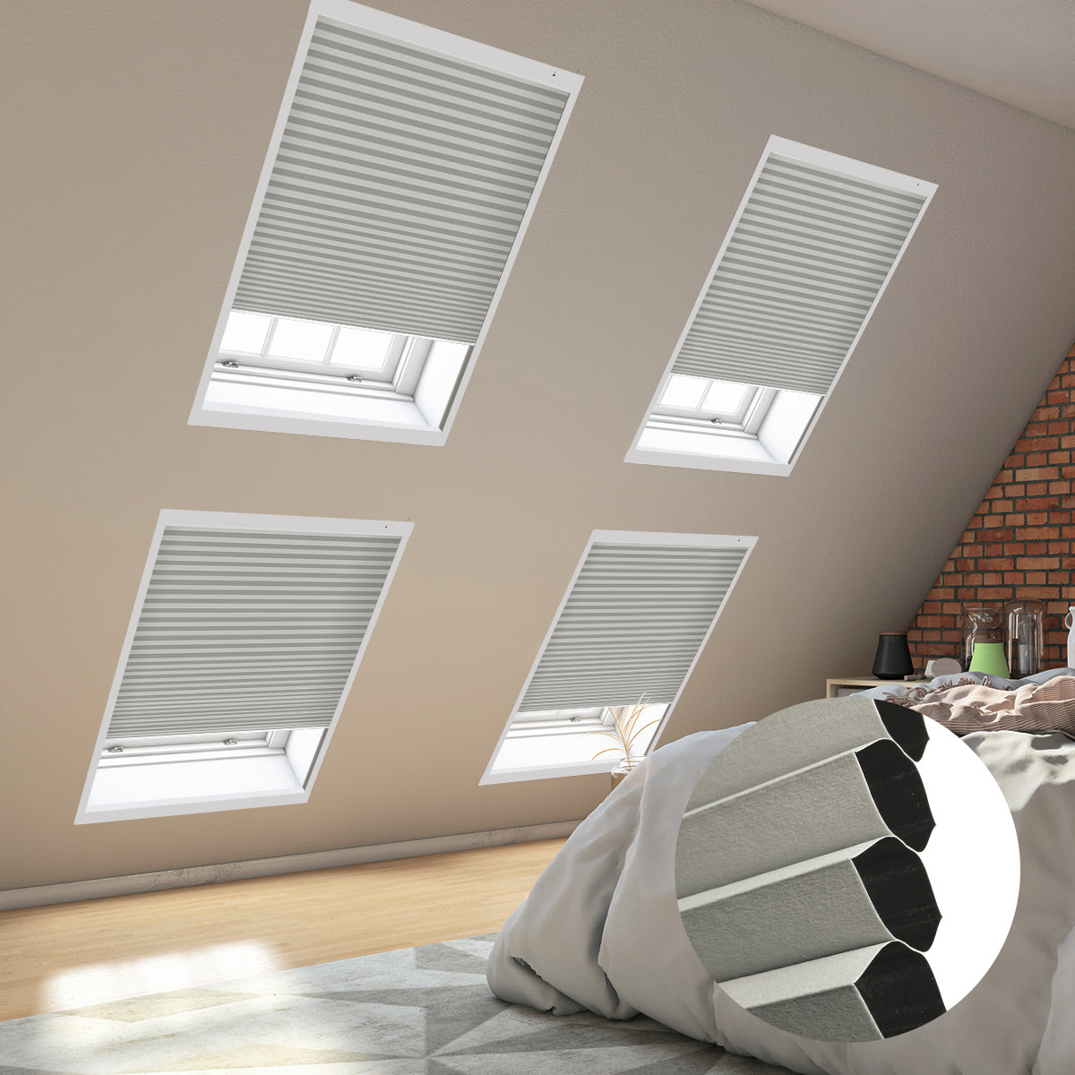 Cozy bedroom with skylights covered by blinds, showcasing a comfortable bed adorned with soft pillows.