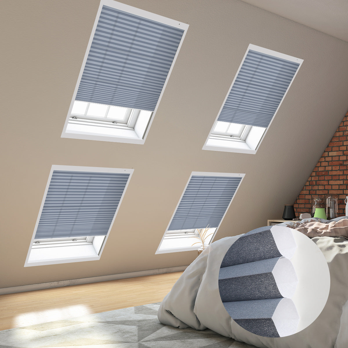Cozy bedroom with skylights covered by blinds, showcasing a comfortable bed adorned with soft pillows.