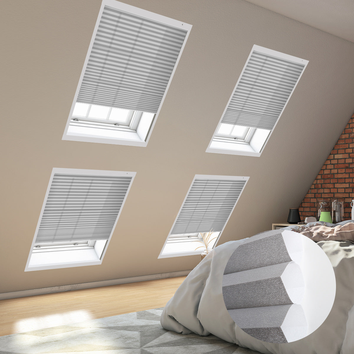 Cozy bedroom with skylights covered by blinds, showcasing a comfortable bed adorned with soft pillows.