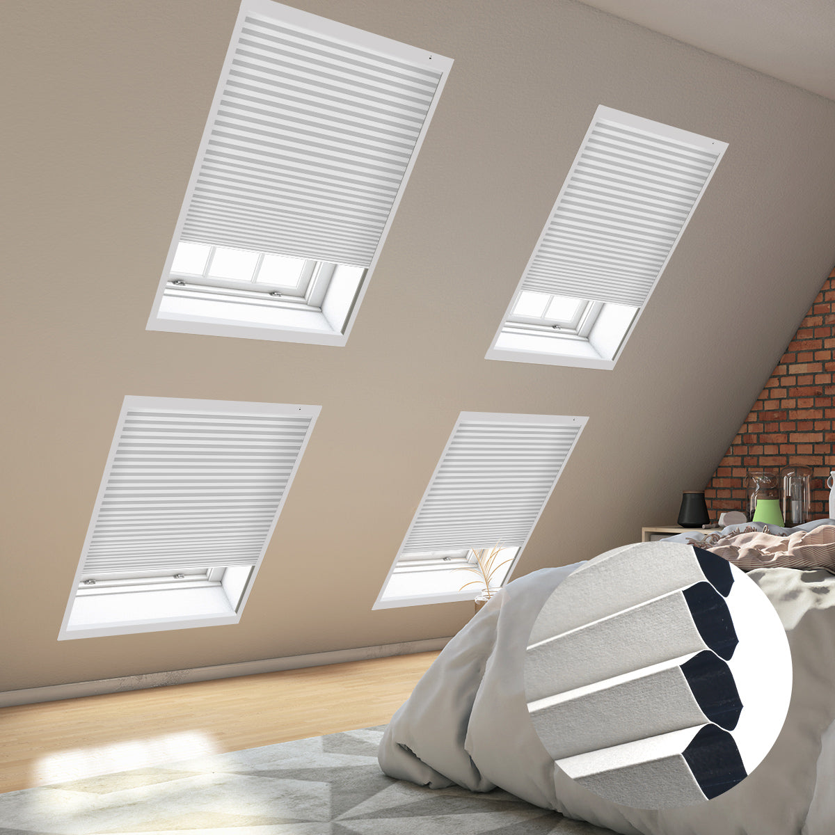 Cozy bedroom with skylights covered by blinds, showcasing a comfortable bed adorned with soft pillows.