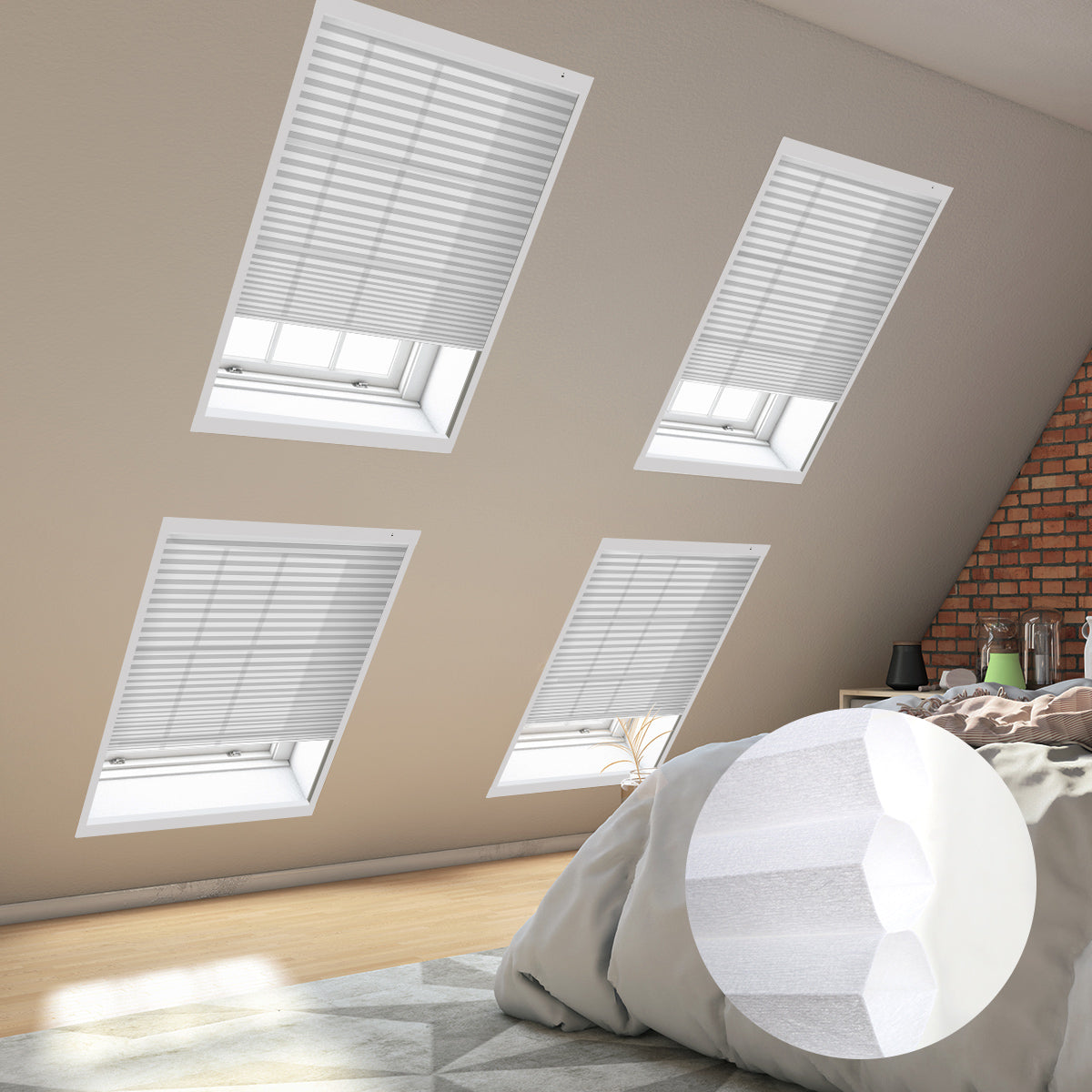 Cozy bedroom with skylights covered by blinds, showcasing a comfortable bed adorned with soft pillows.