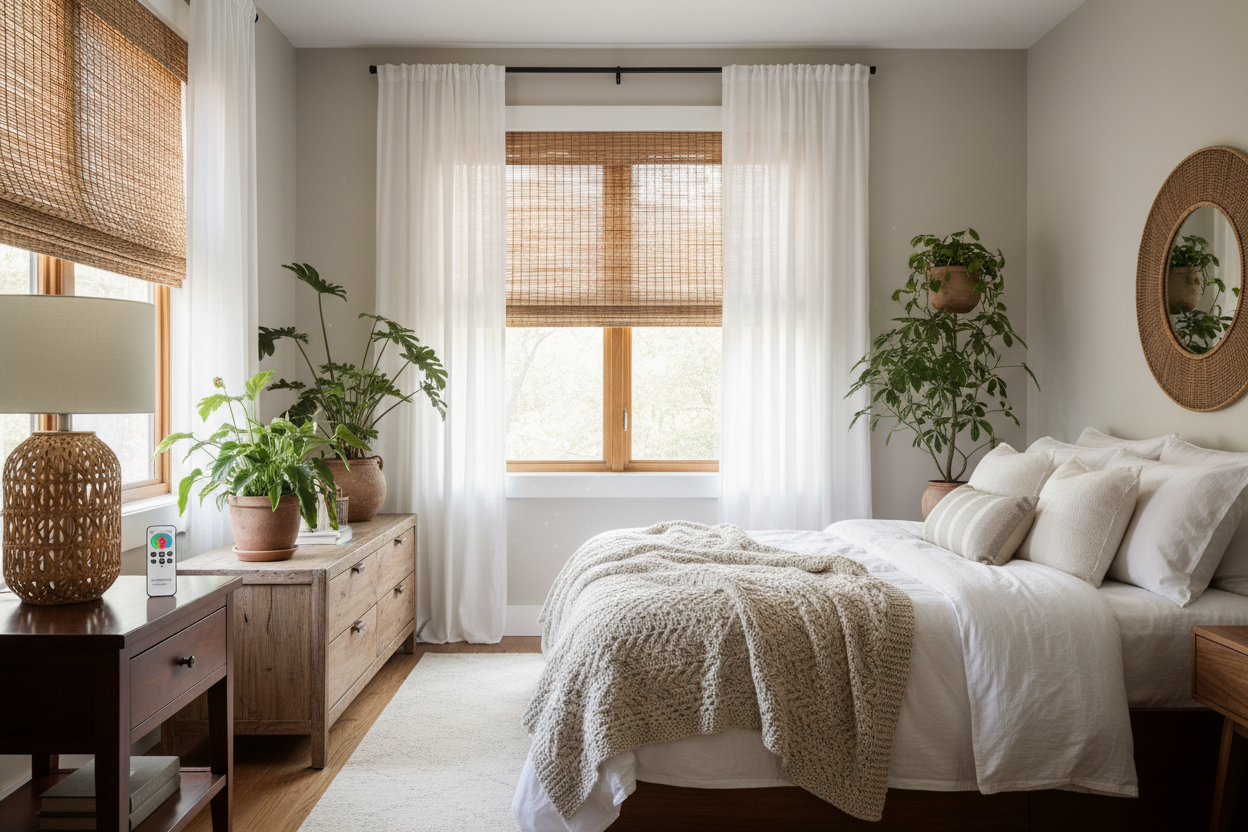 Wake Up Naturally: The Smart Cordless Rattan Blinds Setup