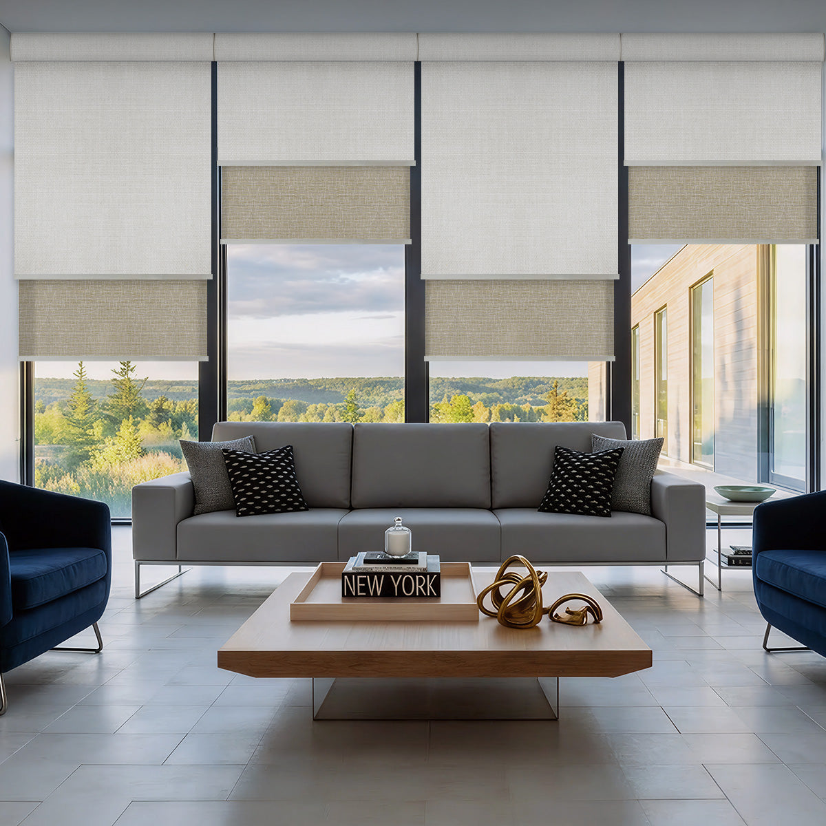 Motorized Dual Shades – Custom Size Curved Cassette Dual-Layer Roller Shades